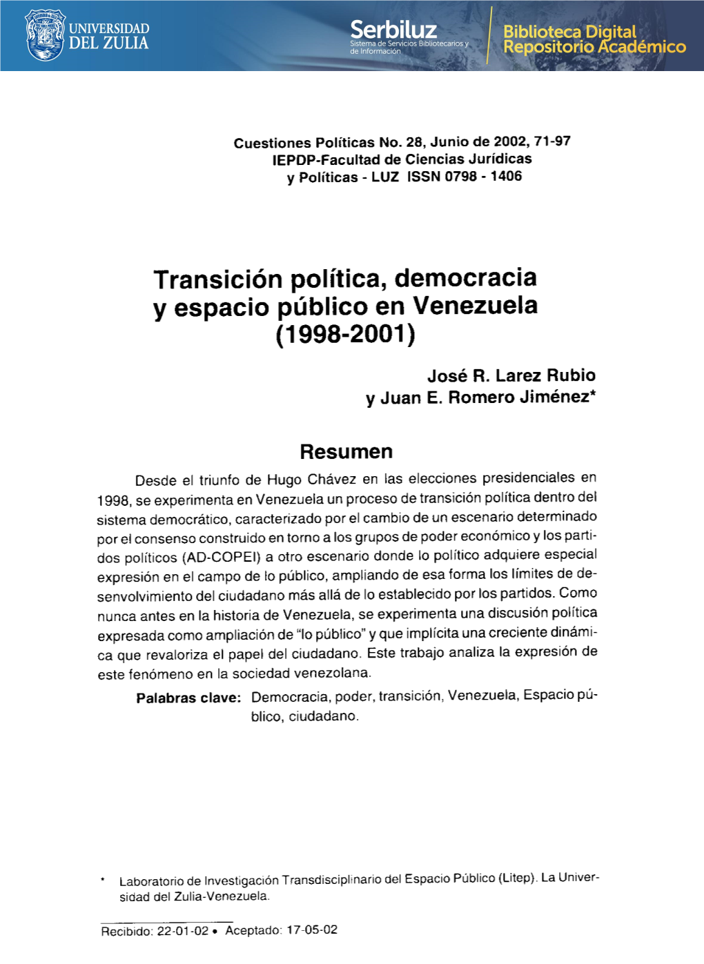 Transición Política, Democracia Y Espacio Público En Venezuela (1998-2001)
