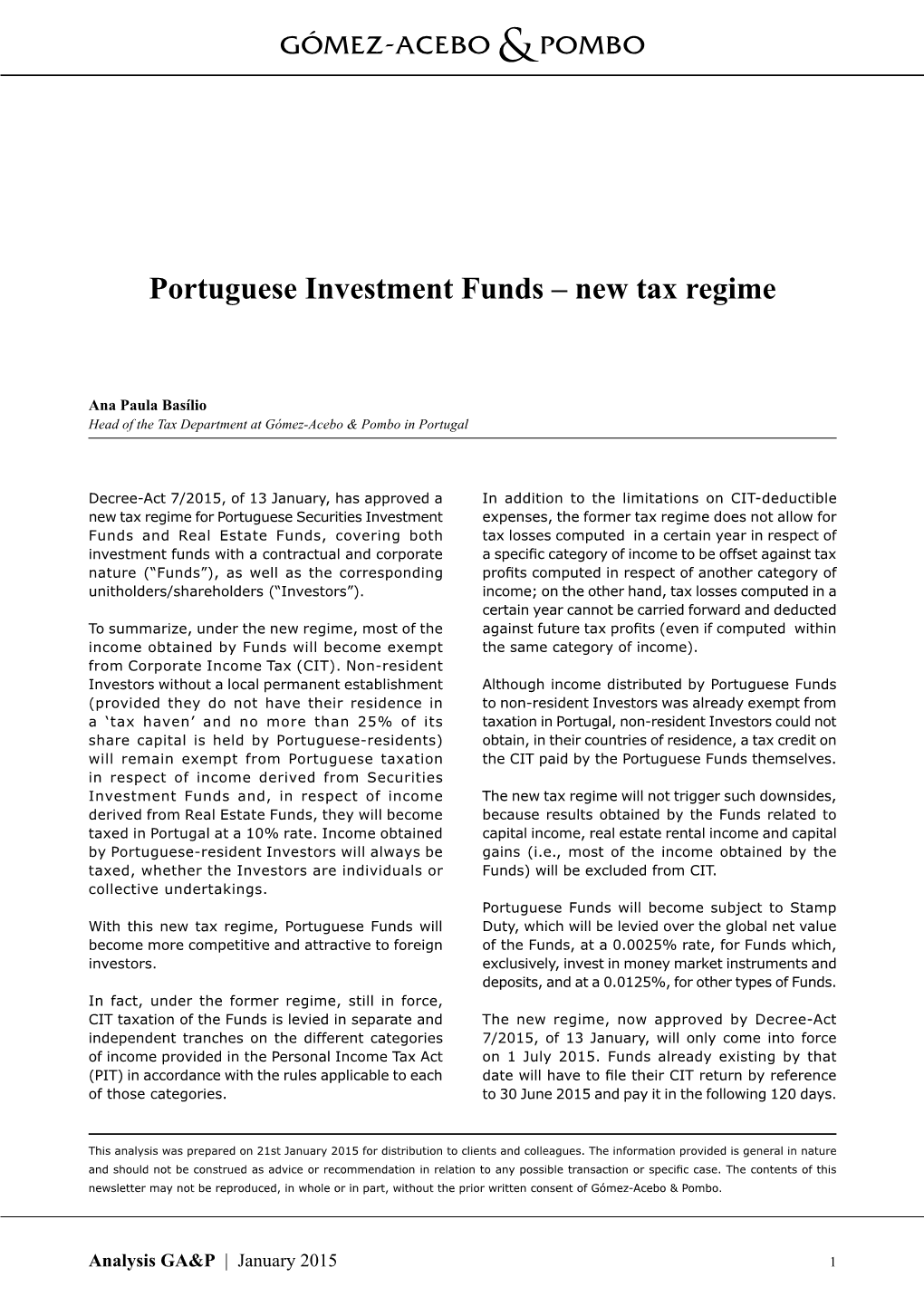 Portuguese Investment Funds – New Tax Regime