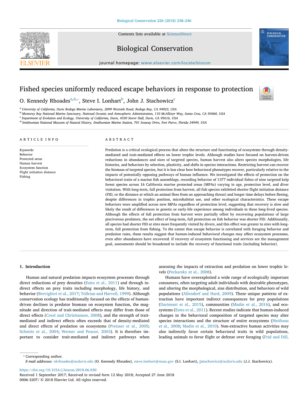 Fished Species Uniformly Reduced Escape Behaviors in Response to Protection T ⁎ O