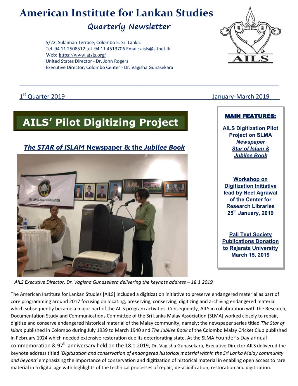 American Institute for Lankan Studies Quarterly Newsletter