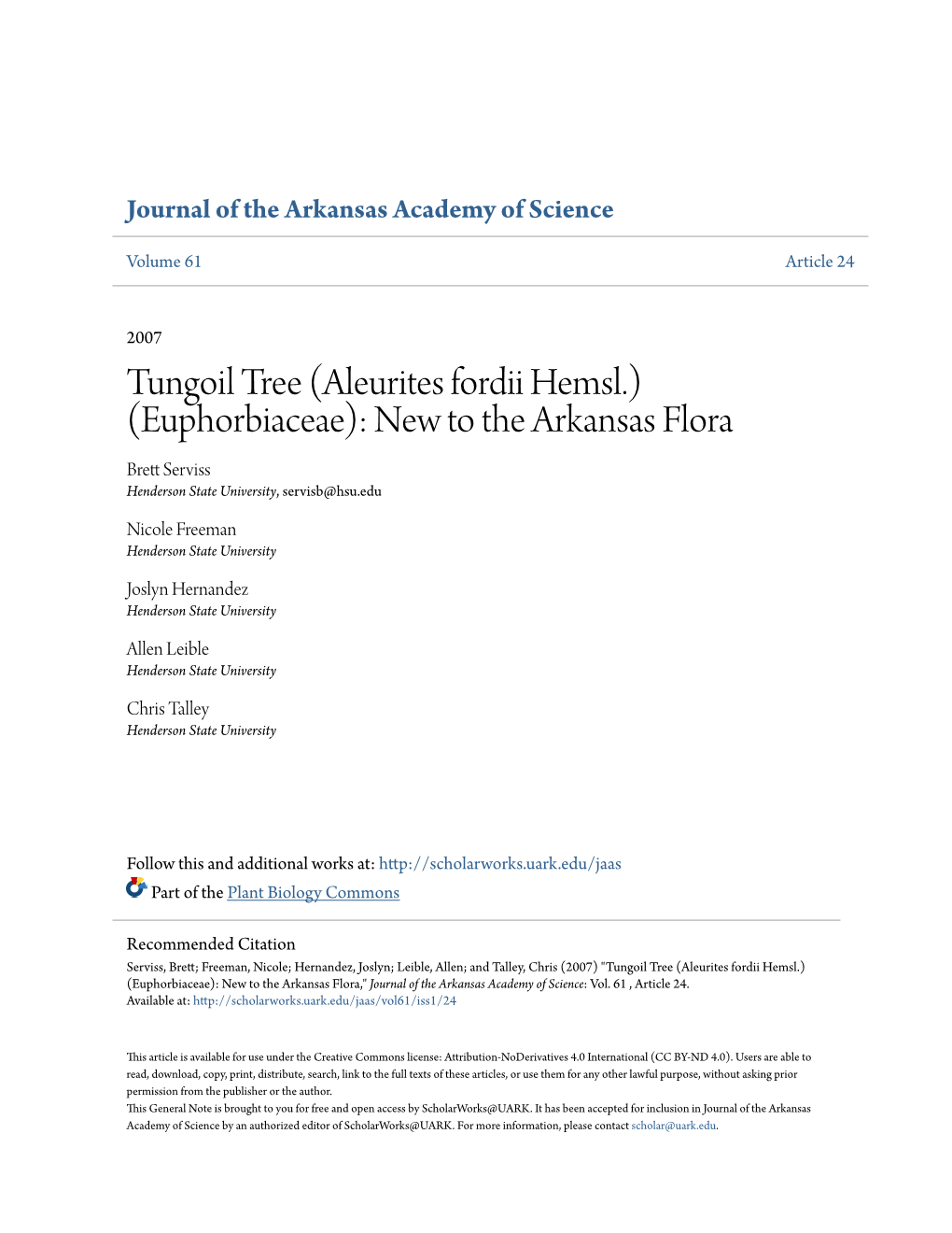 Aleurites Fordii Hemsl.) (Euphorbiaceae): New to the Arkansas Flora Brett Es Rviss Henderson State University, Servisb@Hsu.Edu