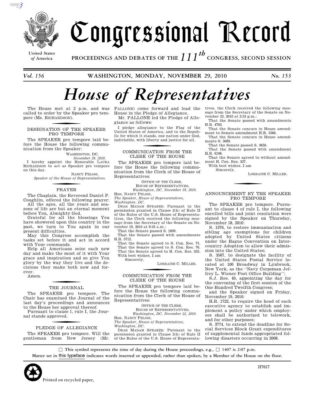 Congressional Record United States Th of America PROCEEDINGS and DEBATES of the 111 CONGRESS, SECOND SESSION