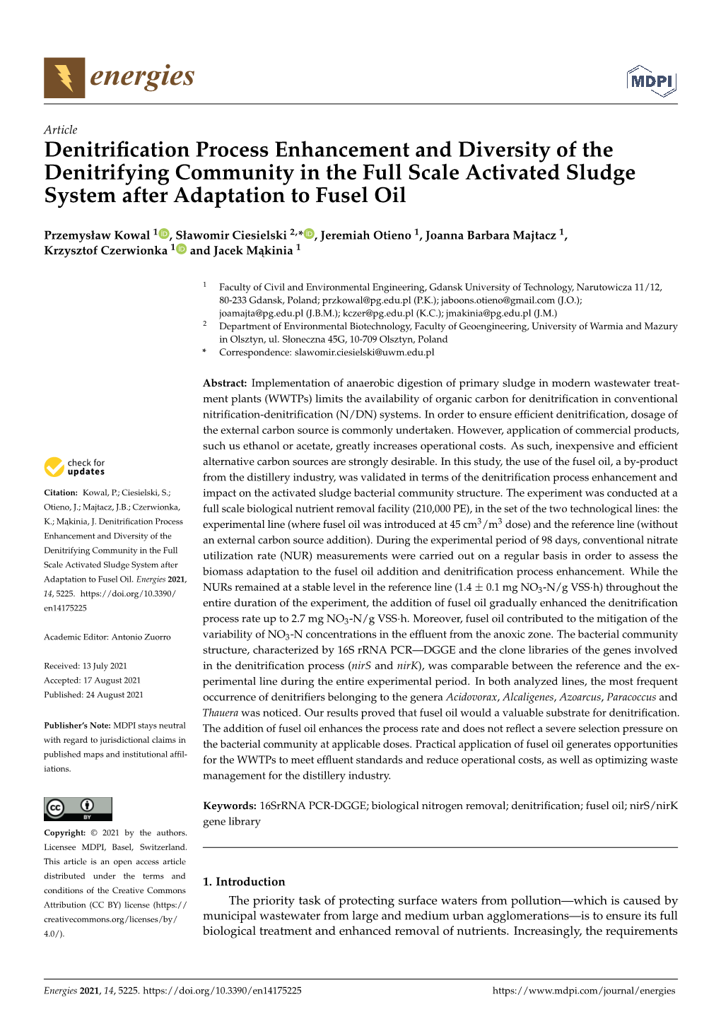 Denitrification Process Enhancement and Diversity of the Denitrifying