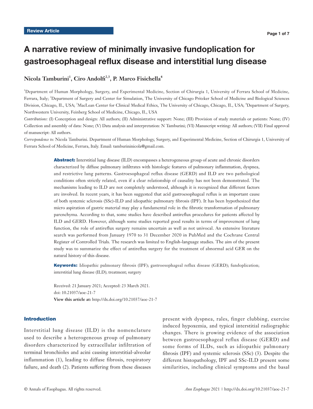 A Narrative Review of Minimally Invasive Fundoplication for Gastroesophageal Reflux Disease and Interstitial Lung Disease