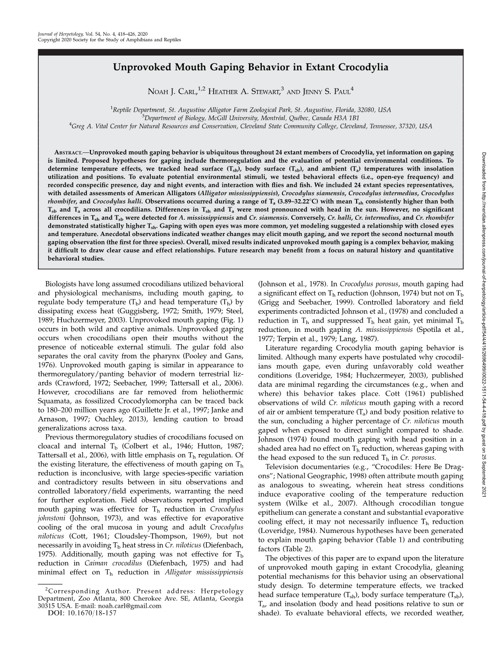 Unprovoked Mouth Gaping Behavior in Extant Crocodylia