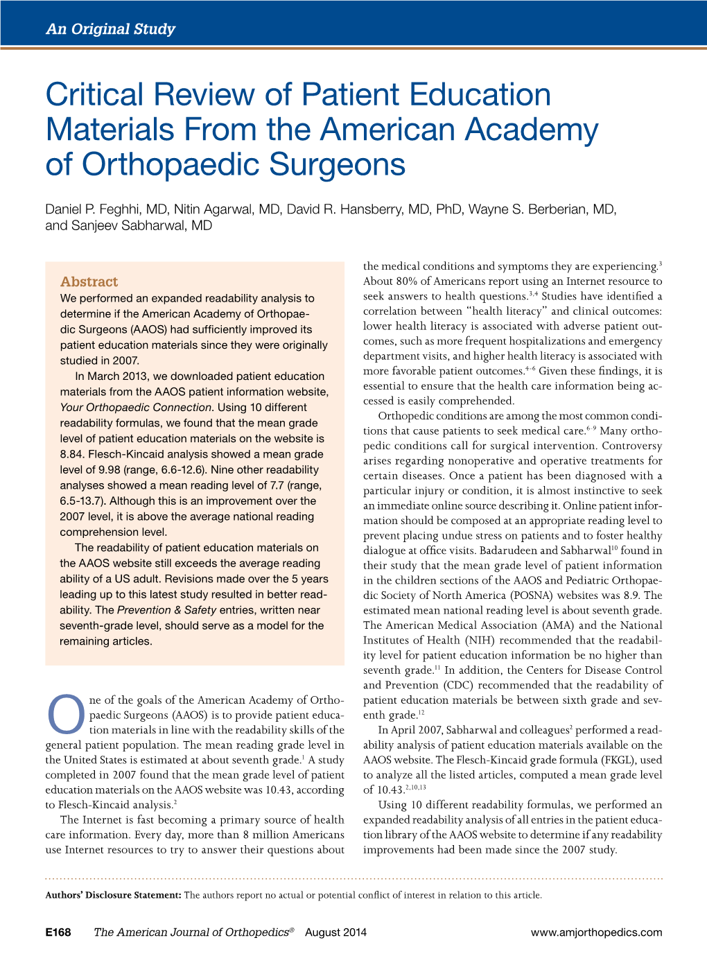 Critical Review of Patient Education Materials from the American Academy of Orthopaedic Surgeons