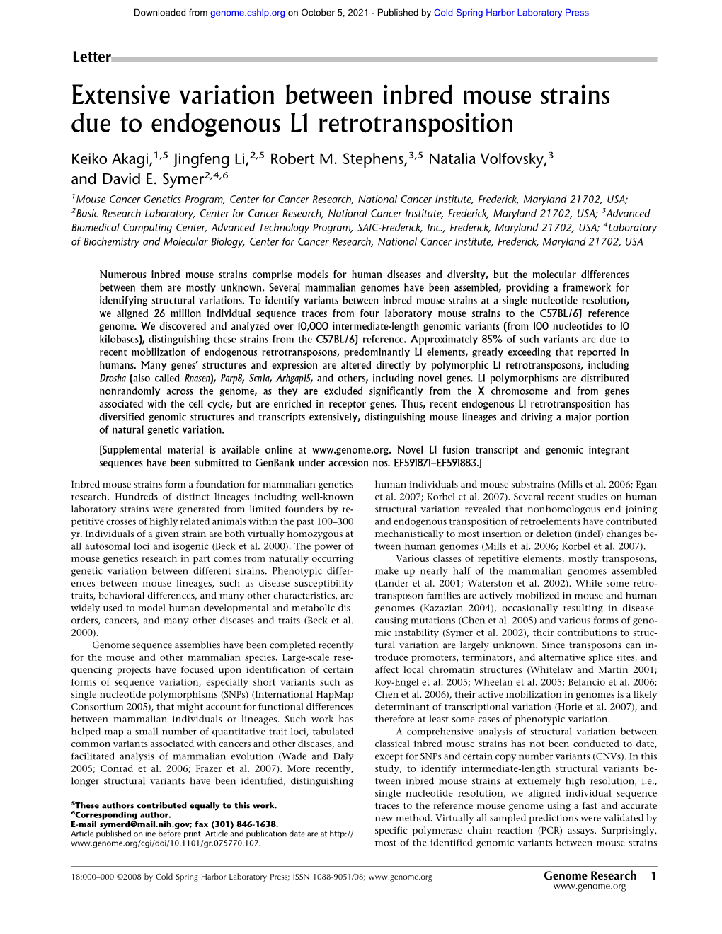 Extensive Variation Between Inbred Mouse Strains Due to Endogenous L1 Retrotransposition