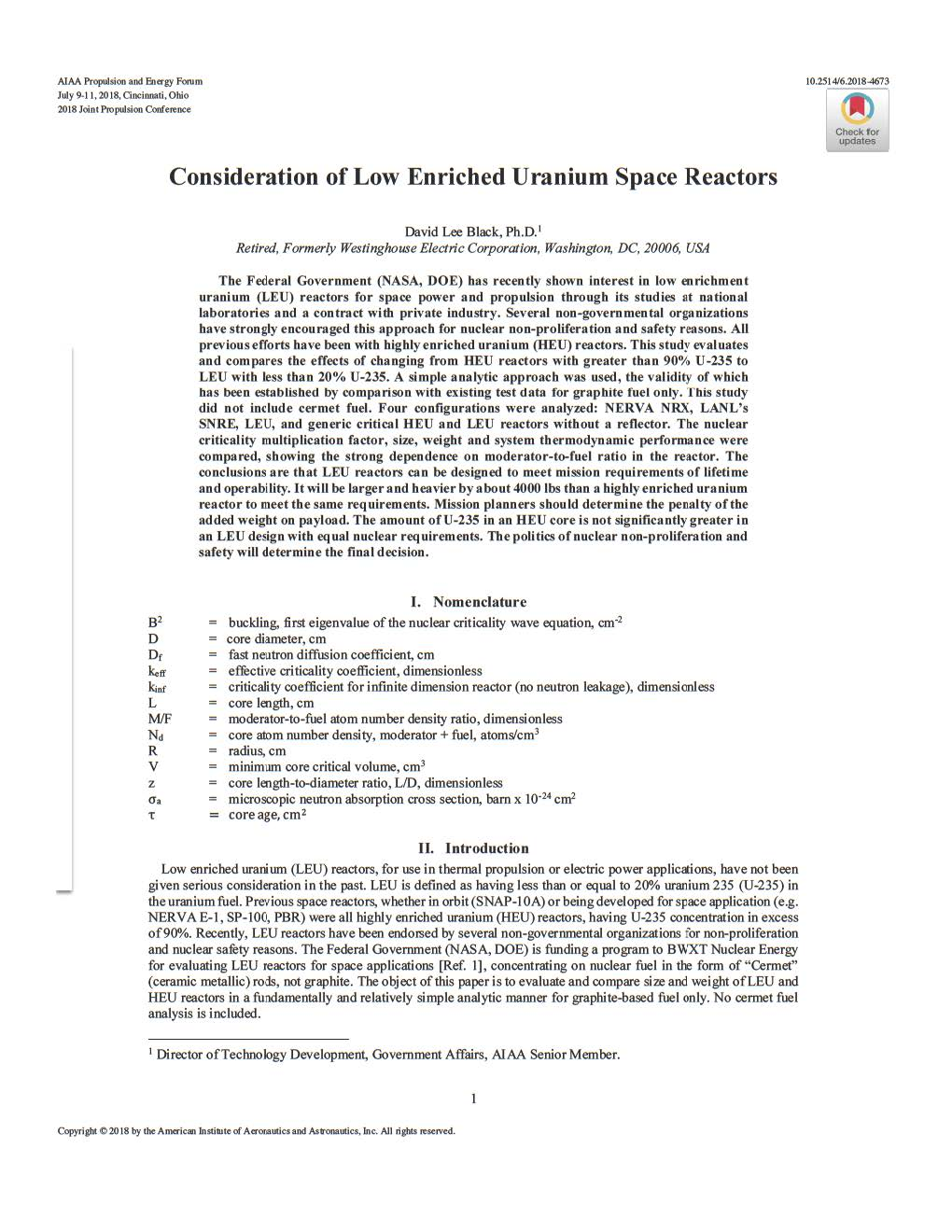 Consideration of Low Enriched Uranium Space Reactors