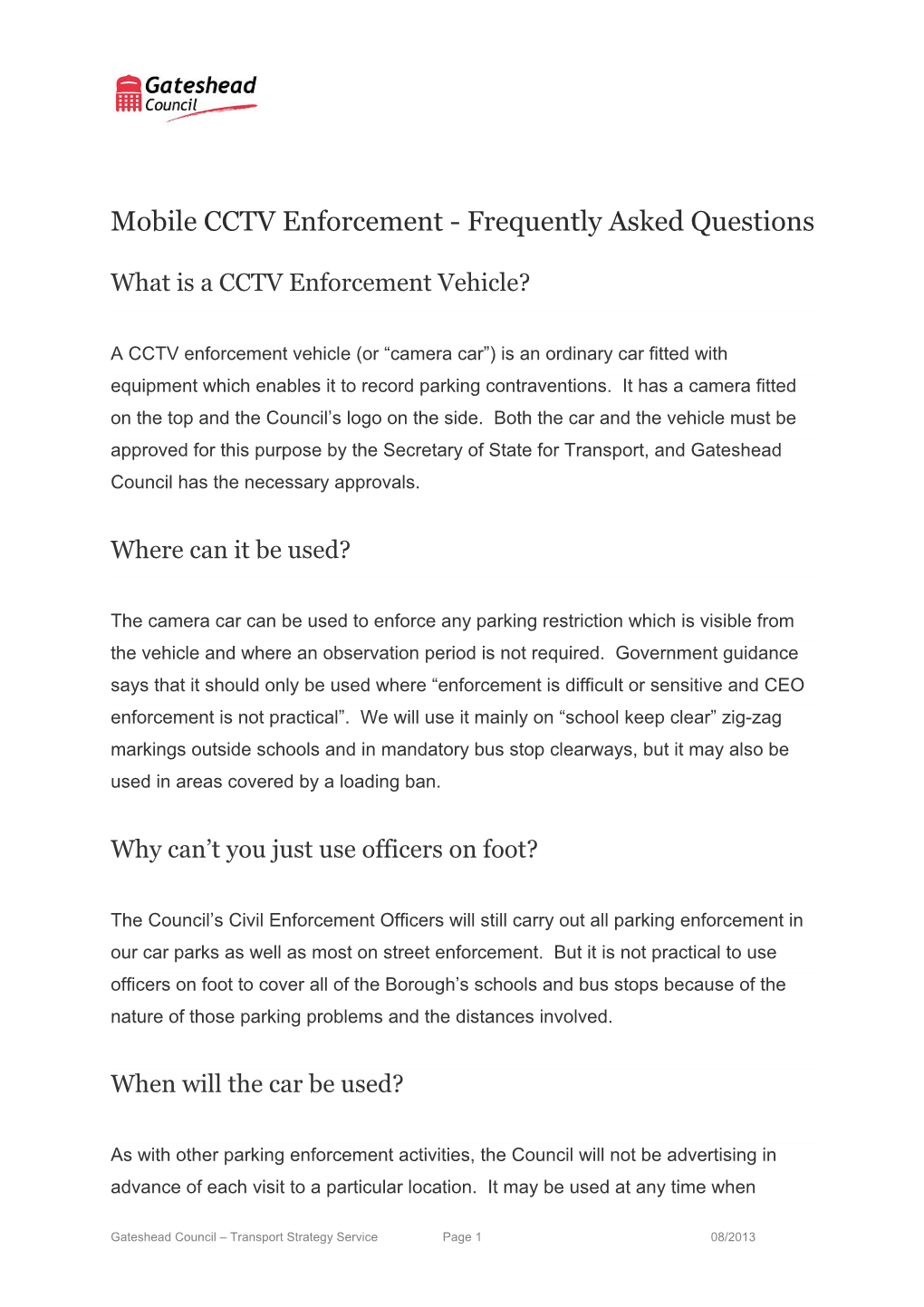 Mobile CCTV Enforcement - Frequently Asked Questions