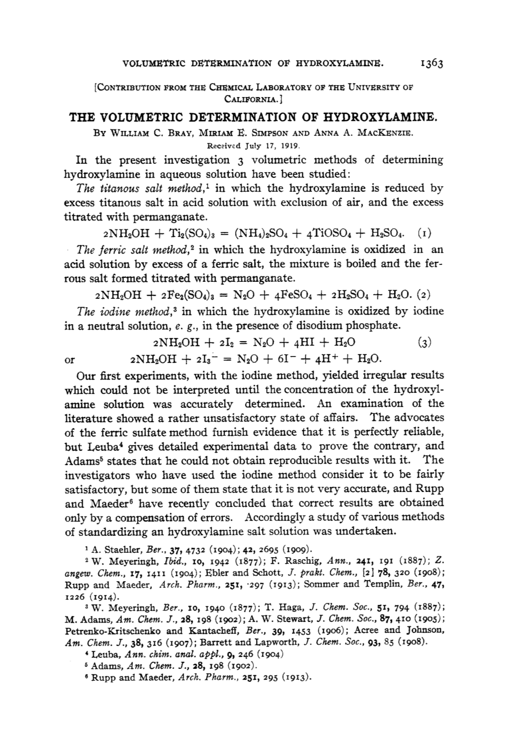 1 the Volumetric Determination of Hydroxylamine