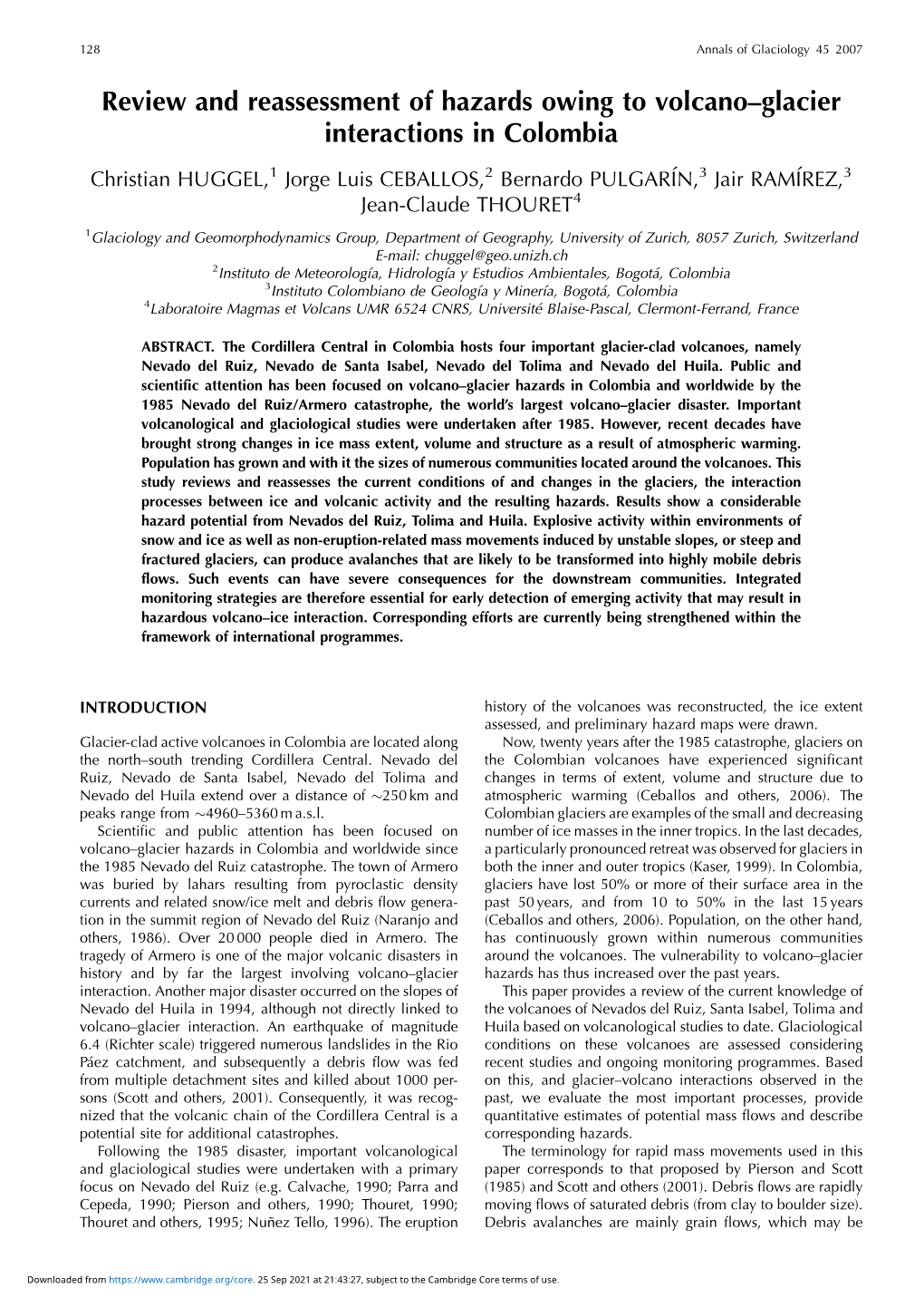 Review and Reassessment of Hazards Owing to Volcano–Glacier Interactions in Colombia