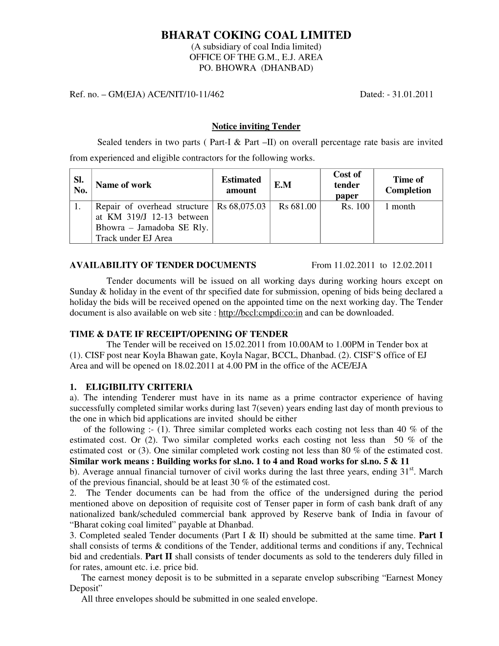 BHARAT COKING COAL LIMITED (A Subsidiary of Coal India Limited) OFFICE of the G.M., E.J