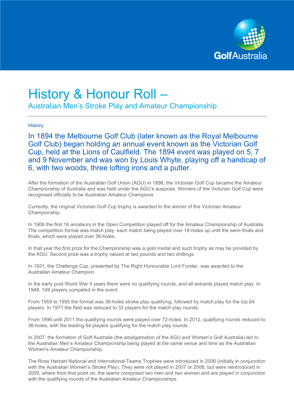 History & Honour Roll –