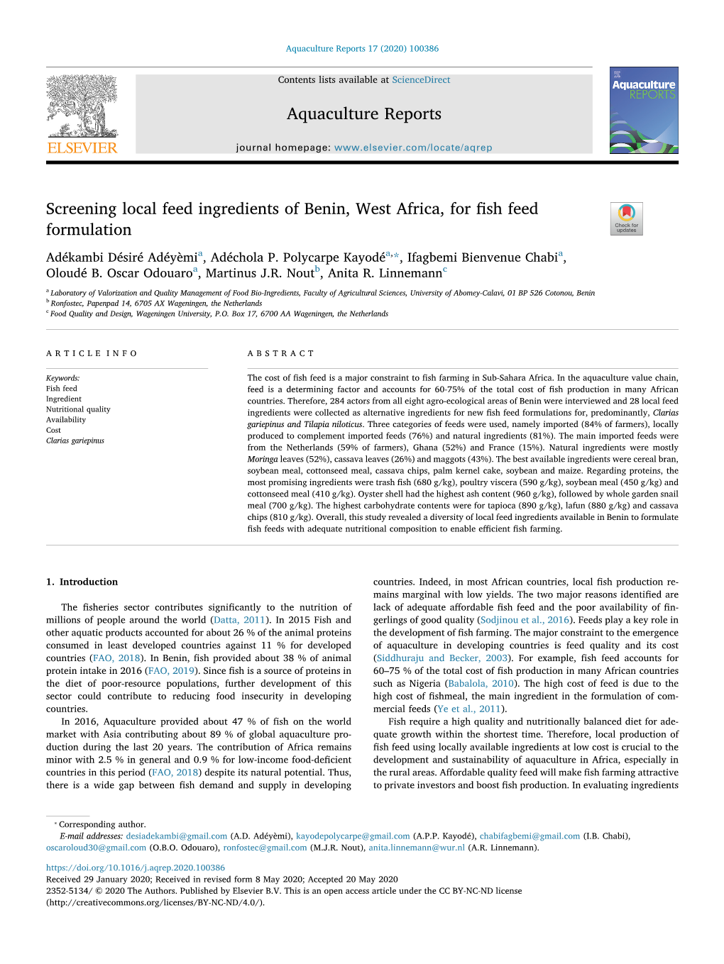 Screening Local Feed Ingredients of Benin, West Africa, for Fish Feed