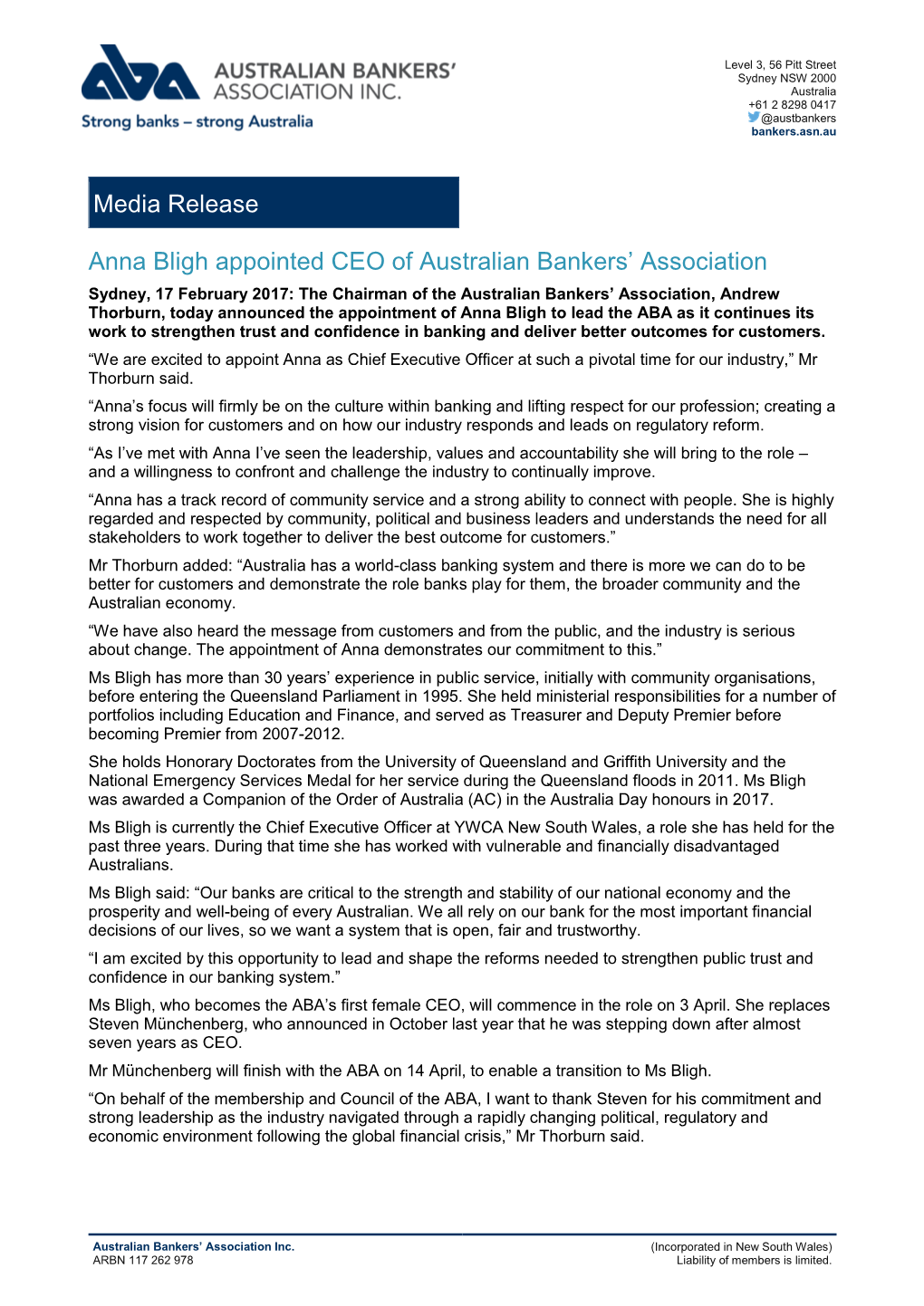 Media Release Anna Bligh Appointed CEO of Australian Bankers