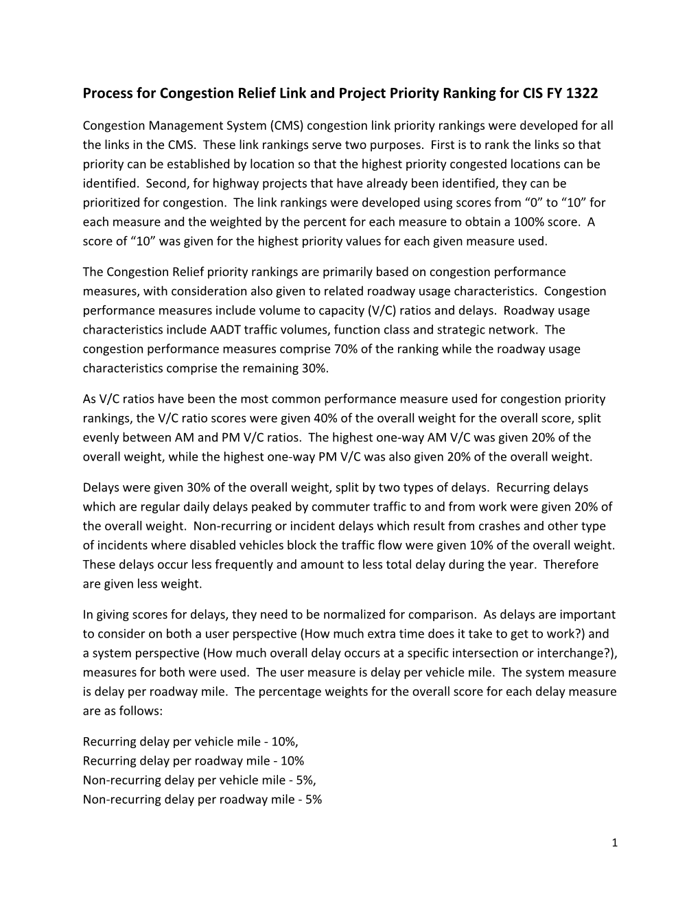 Process for Congestion Relief Link and Project Priority Ranking for CIS FY 1322