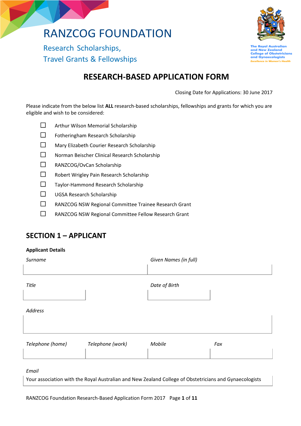 Research Based Application Form 2017