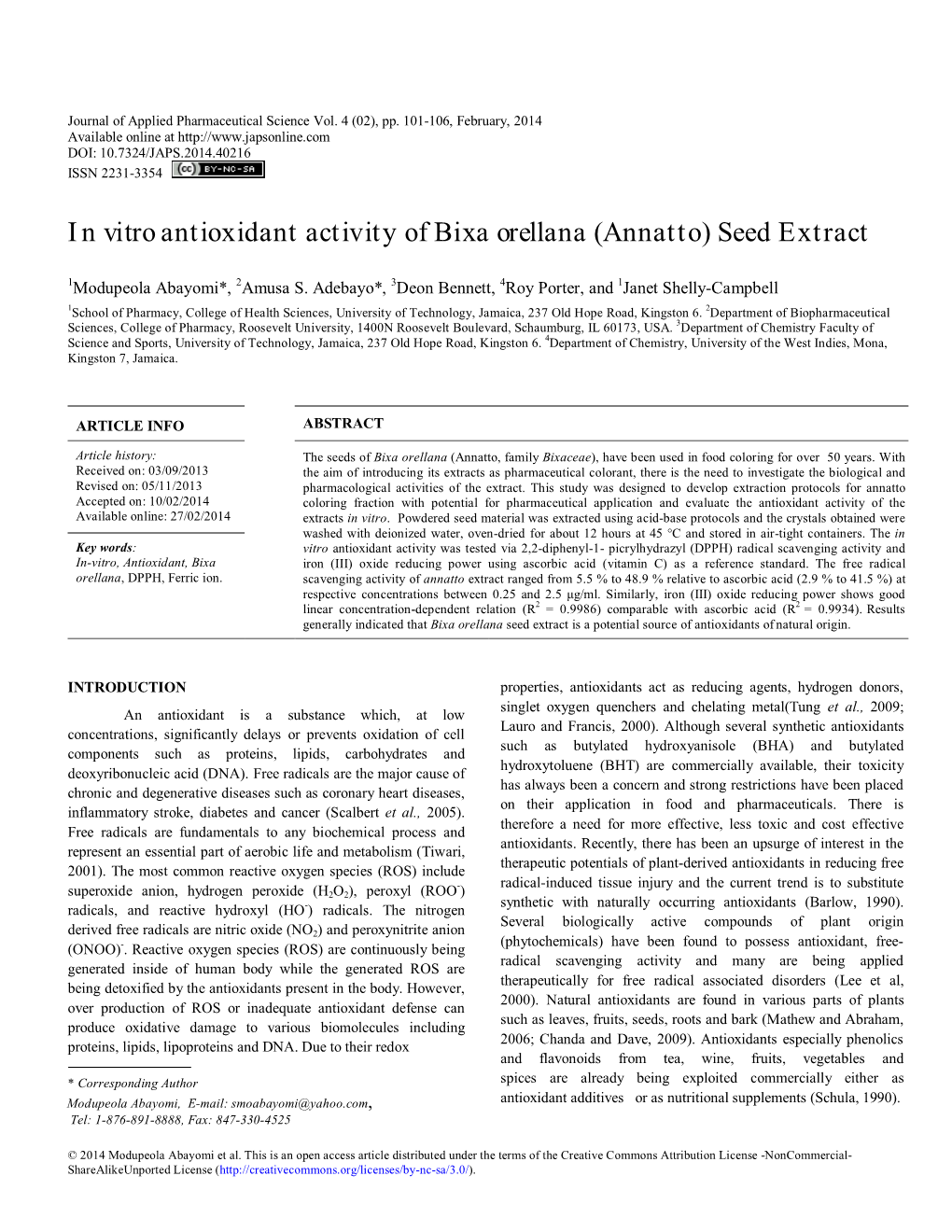 In Vitro Antioxidant Activity of Bixa Orellana (Annatto) Seed Extract