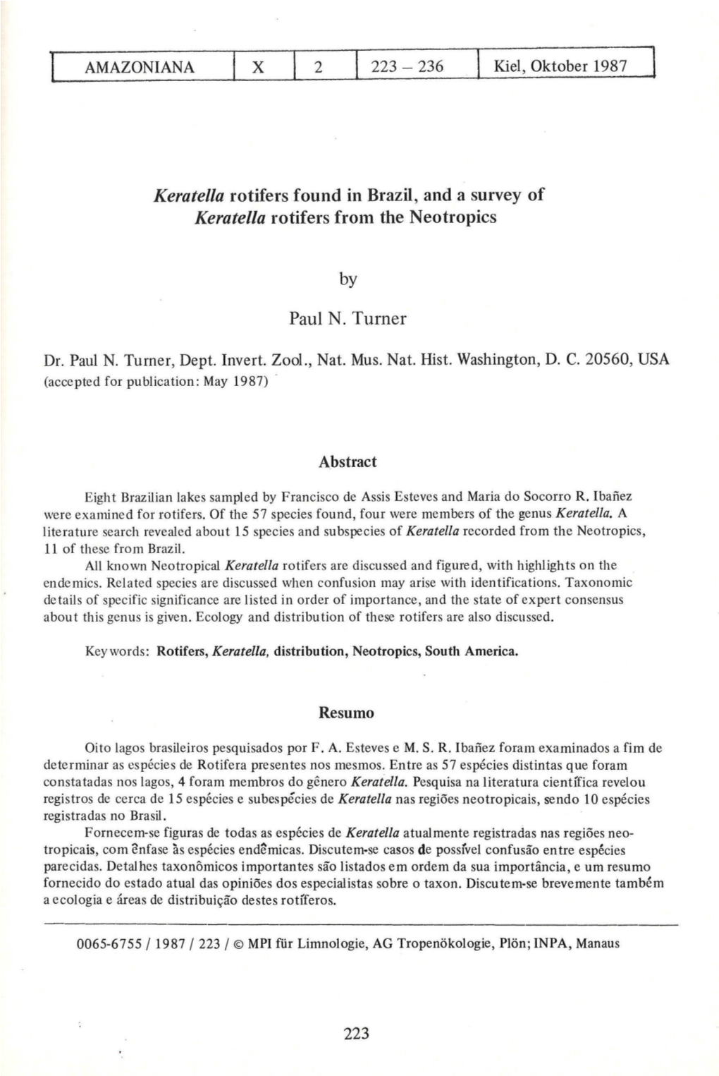 Keratella Rotifers Found in Brazil, and Â Survey of Keratella Rotifers from the Neotropics