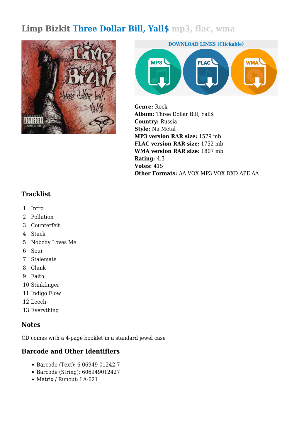 Limp Bizkit Three Dollar Bill, Yall$ Mp3, Flac, Wma