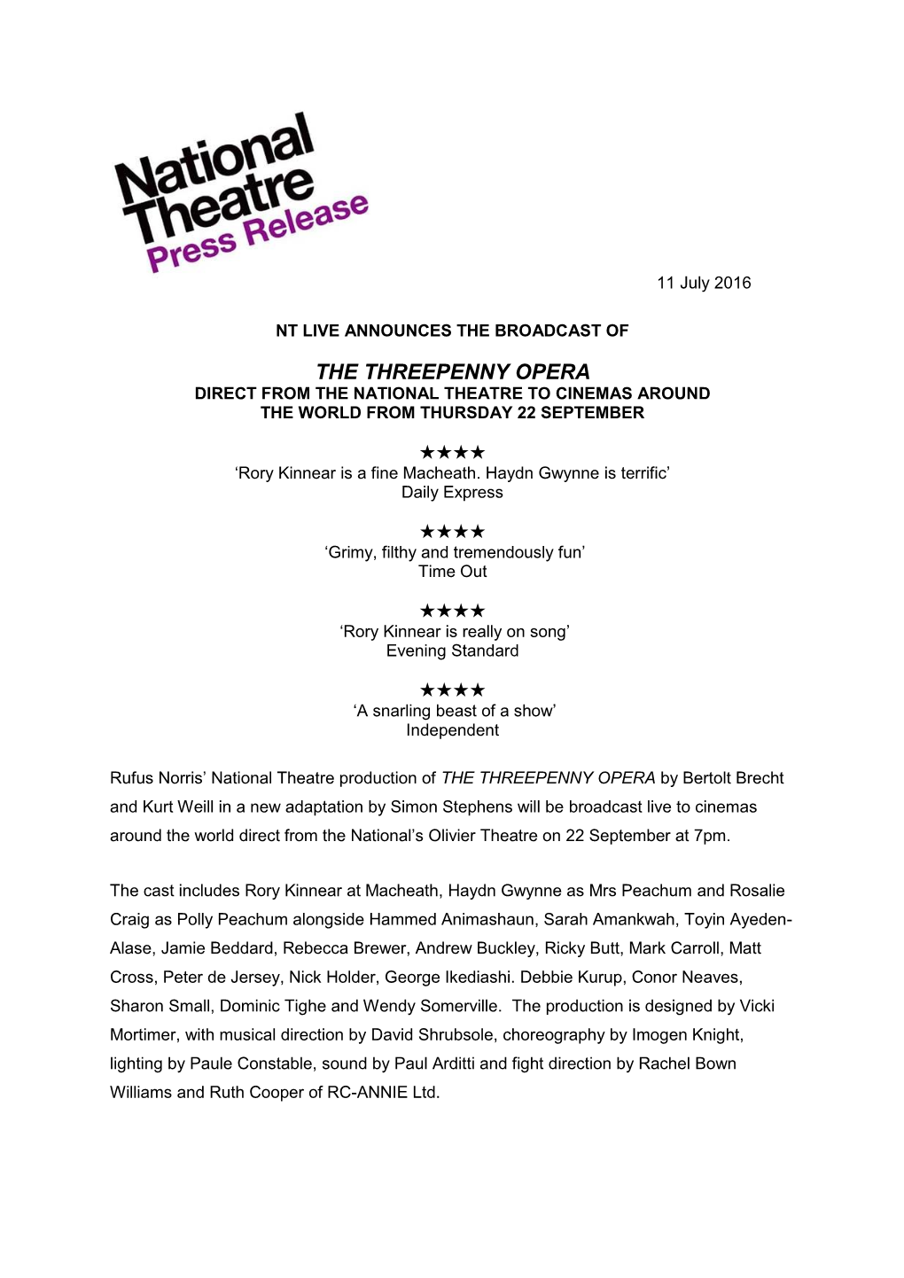 The Threepenny Opera Direct from the National Theatre to Cinemas Around the World from Thursday 22 September