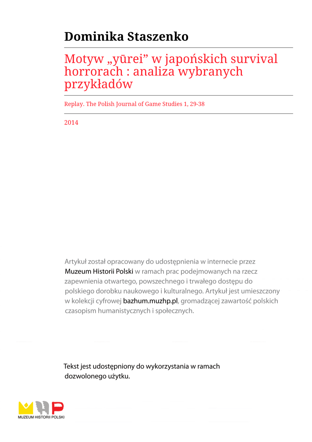 Yūrei” W Japońskich Survival Horrorach : Analiza Wybranych Przykładów