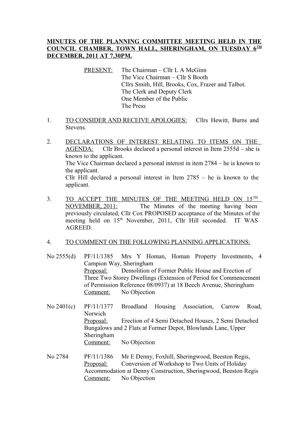 Minutes of the Planning Committee Meeting Held in the Council Chamber, Town Hall, Sheringham