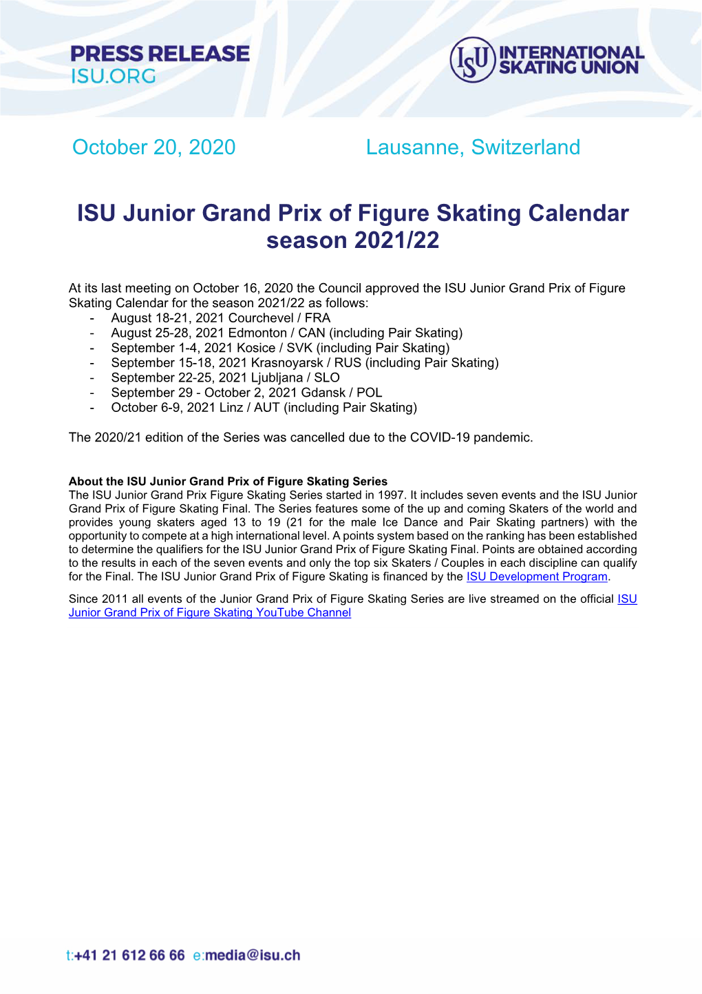 ISU Junior Grand Prix of Figure Skating Calendar Season 2021/22