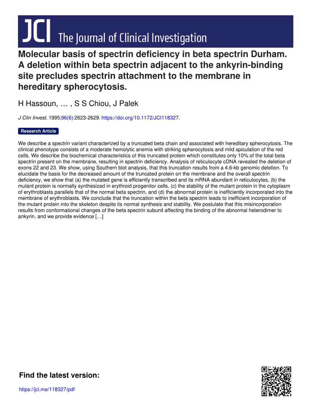 Molecular Basis of Spectrin Deficiency in Beta Spectrin Durham. a Deletion