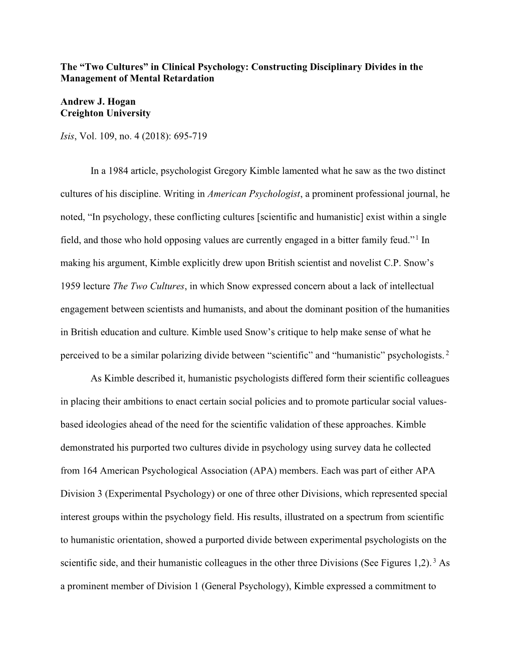 The “Two Cultures” in Clinical Psychology: Constructing Disciplinary Divides in the Management of Mental Retardation