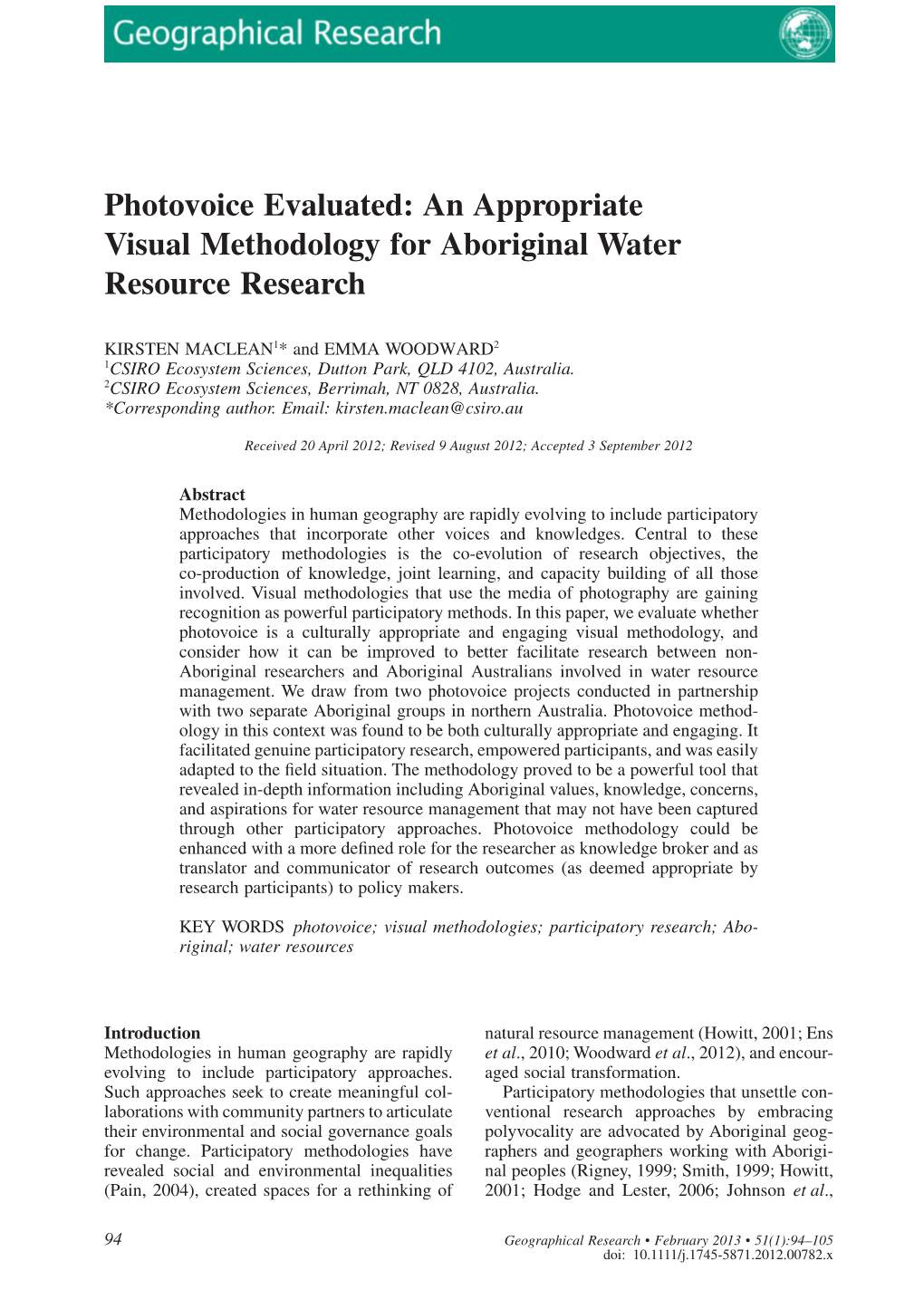 Photovoice Evaluated: an Appropriate Visual Methodology for Aboriginal Water Resource Research