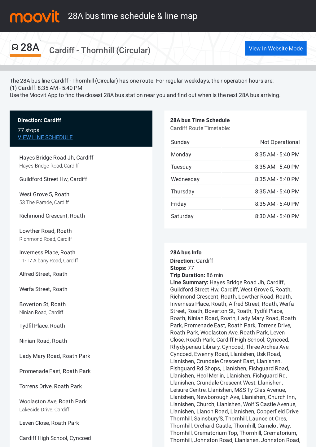 28A Bus Time Schedule & Line Route