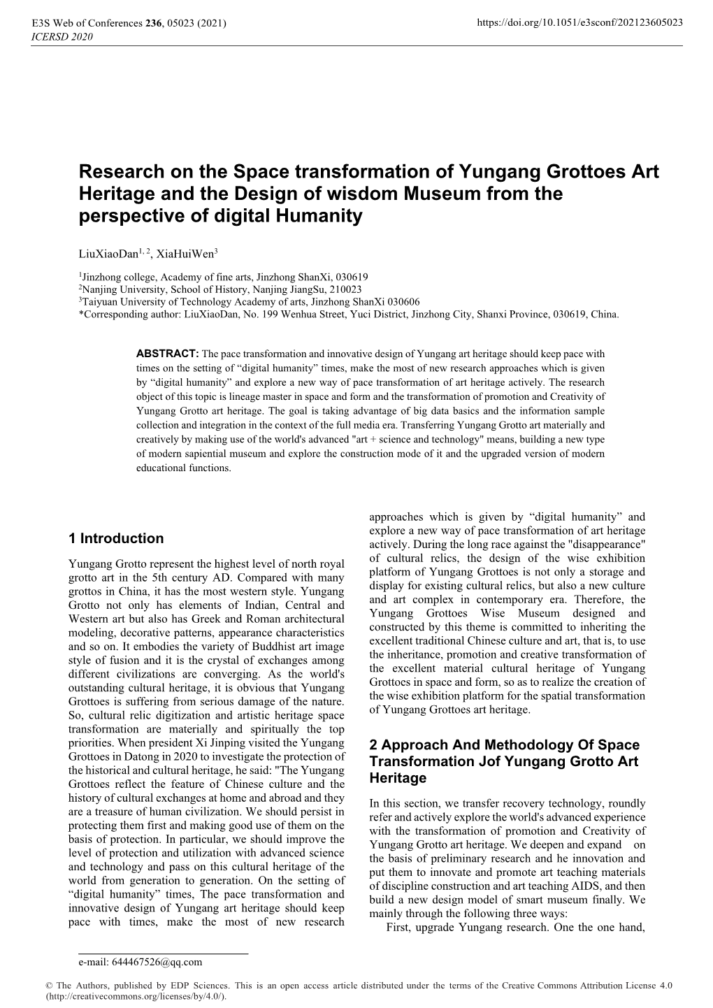 Research on the Space Transformation of Yungang Grottoes Art Heritage and the Design of Wisdom Museum from the Perspective of Digital Humanity