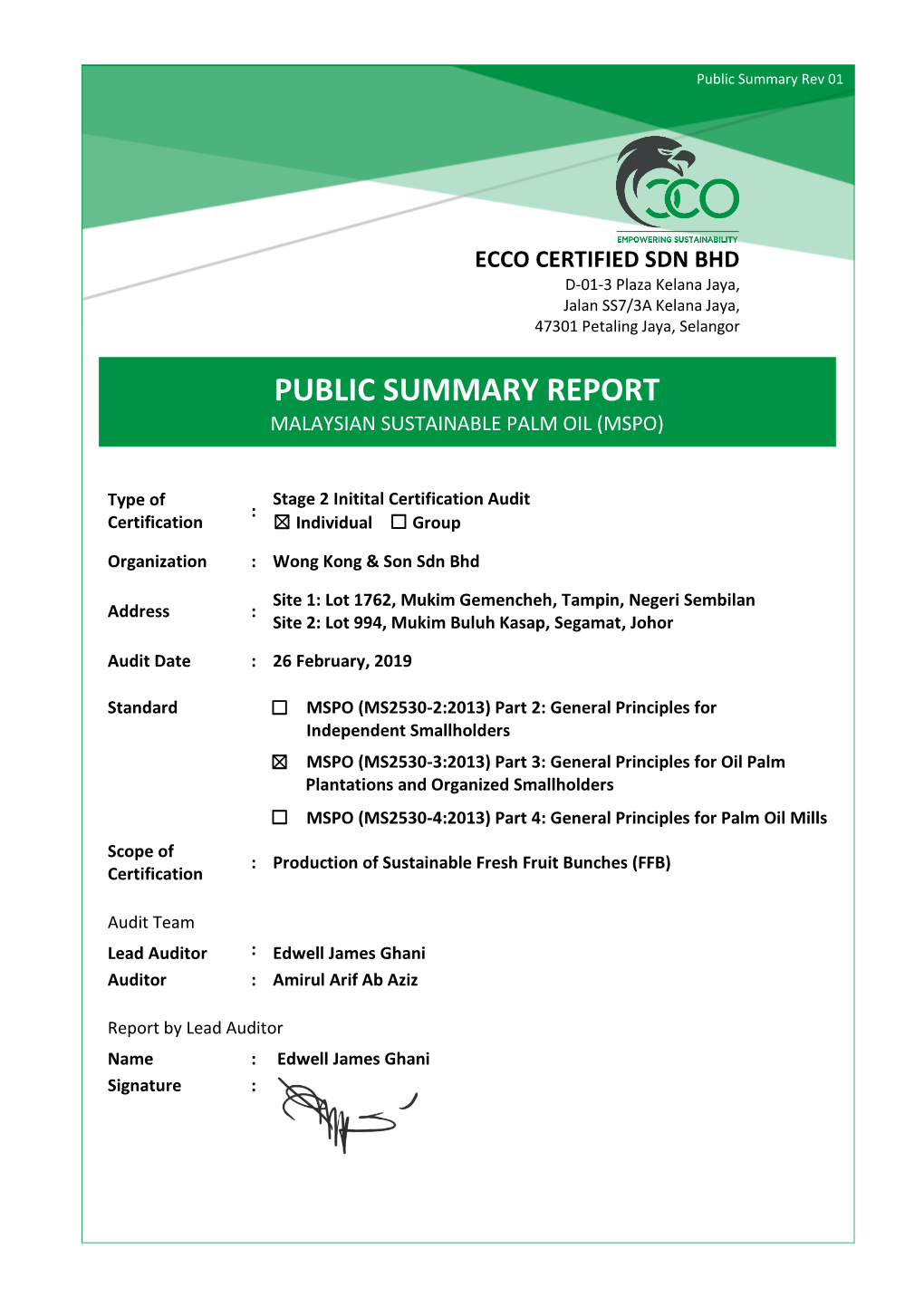 Public Summary Report Malaysian Sustainable Palm Oil (Mspo)