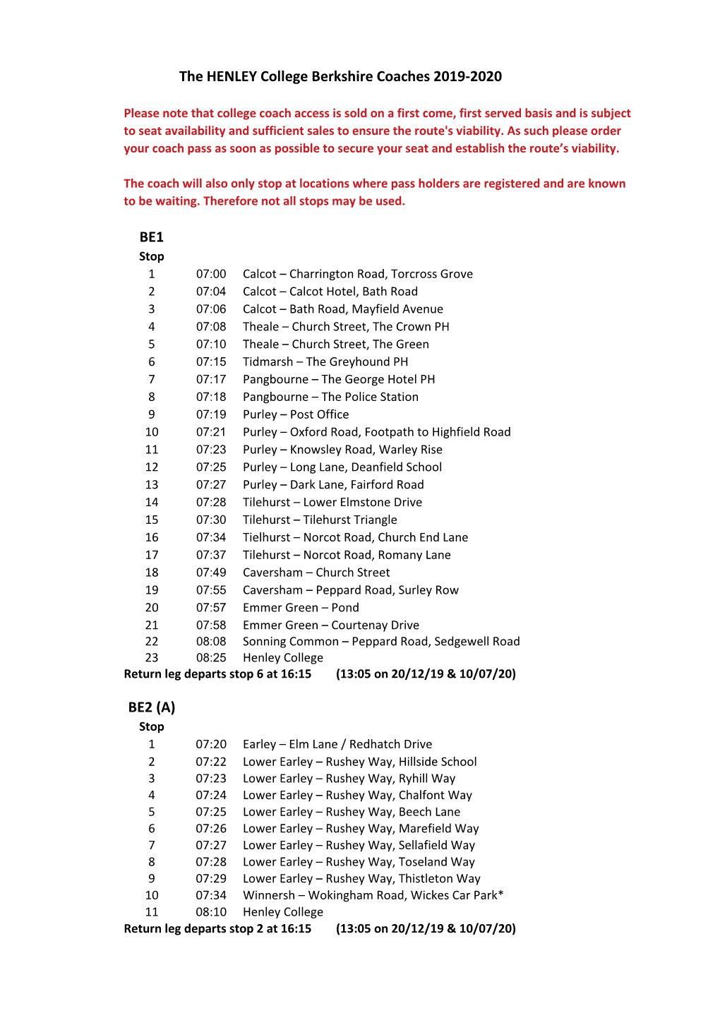 The HENLEY College Berkshire Coaches 2019-2020 BE1 BE2