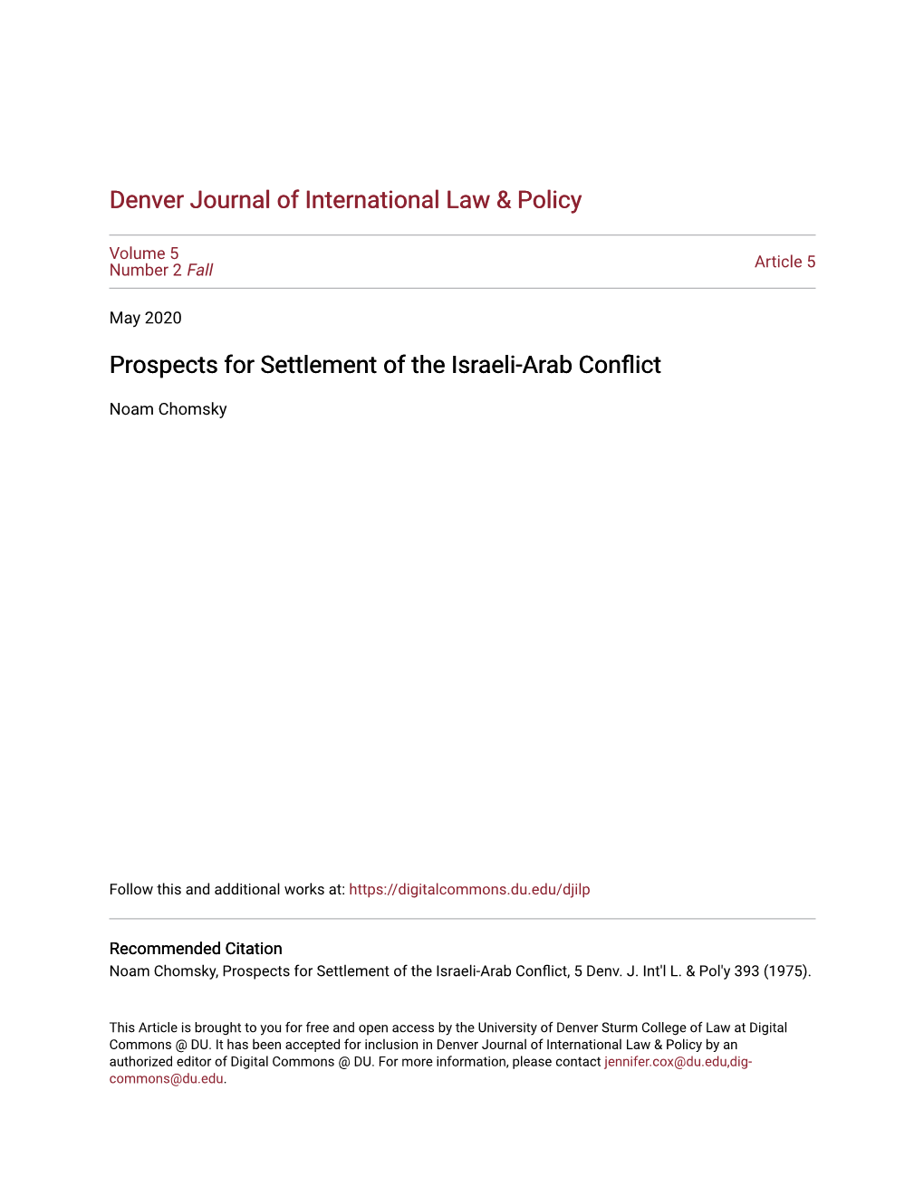 Prospects for Settlement of the Israeli-Arab Conflict