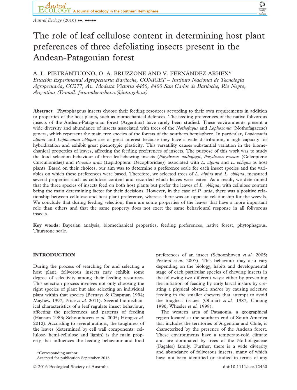 The Role of Leaf Cellulose Content in Determining Host Plant Preferences of Three Defoliating Insects Present in the Andean-Patagonian Forest