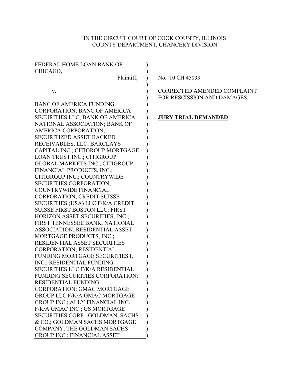 IN the CIRCUIT COURT of COOK COUNTY, ILLINOIS COUNTY DEPARTMENT, CHANCERY DIVISION FEDERAL HOME LOAN BANK of CHICAGO, Plaintiff