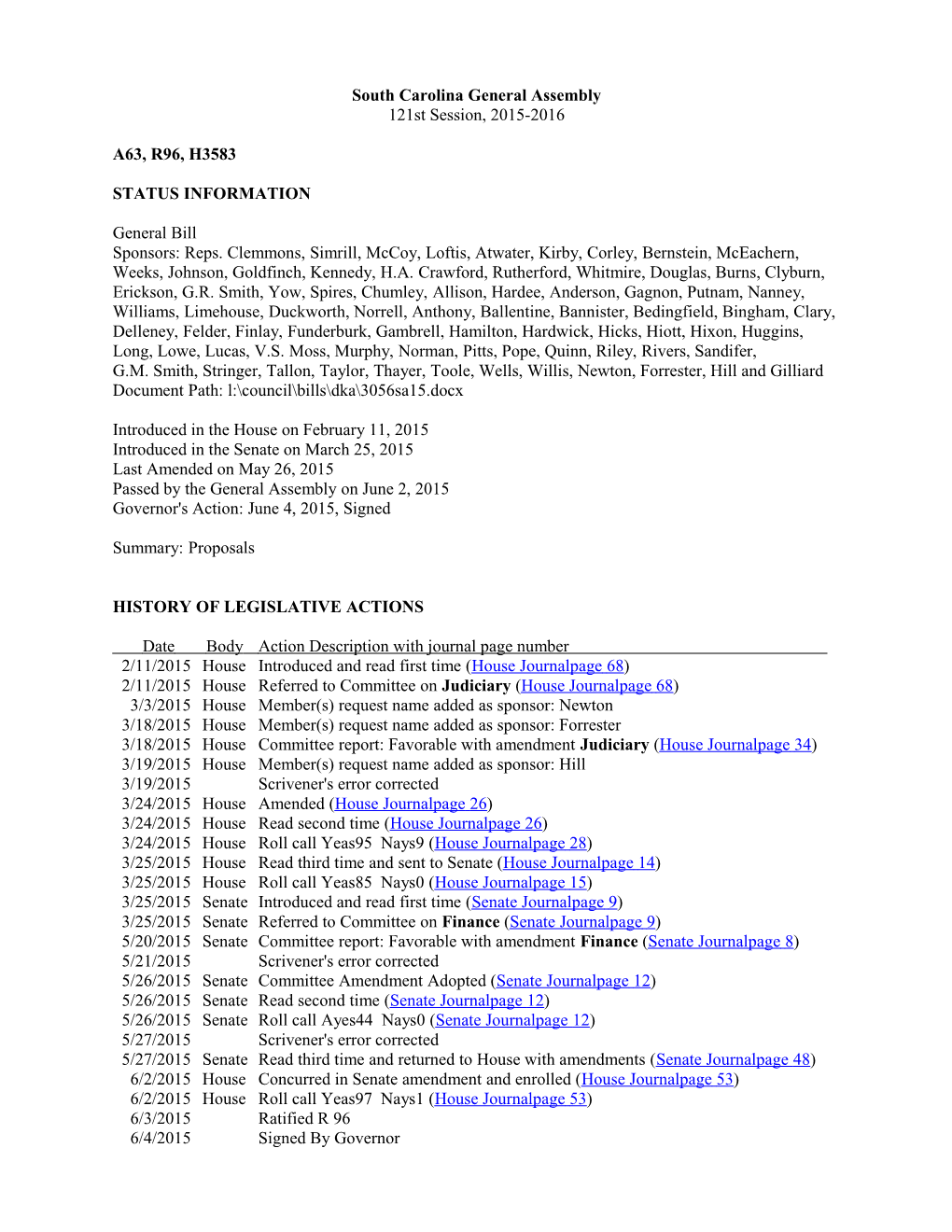 2015-2016 Bill 3583: Proposals - South Carolina Legislature Online