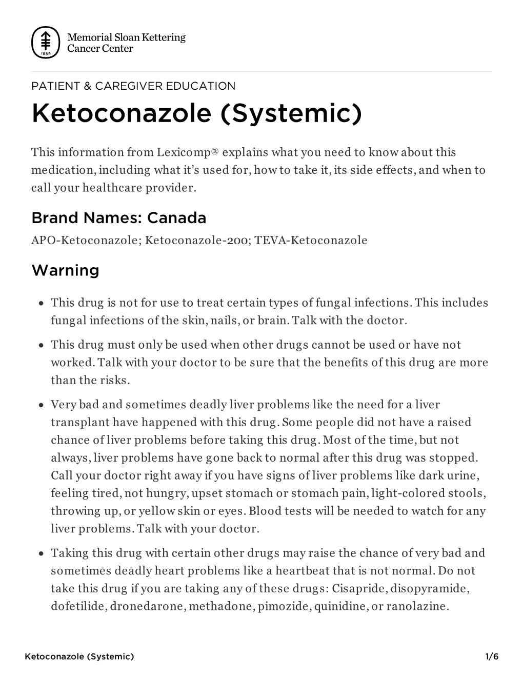 Ketoconazole (Systemic) | Memorial Sloan Kettering Cancer Center