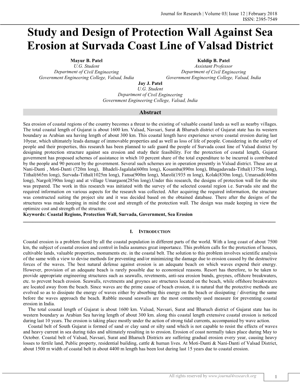 Study and Design of Protection Wall Against Sea Erosion at Survada Coast Line of Valsad District (J4R/ Volume 03 / Issue 12 / 001)