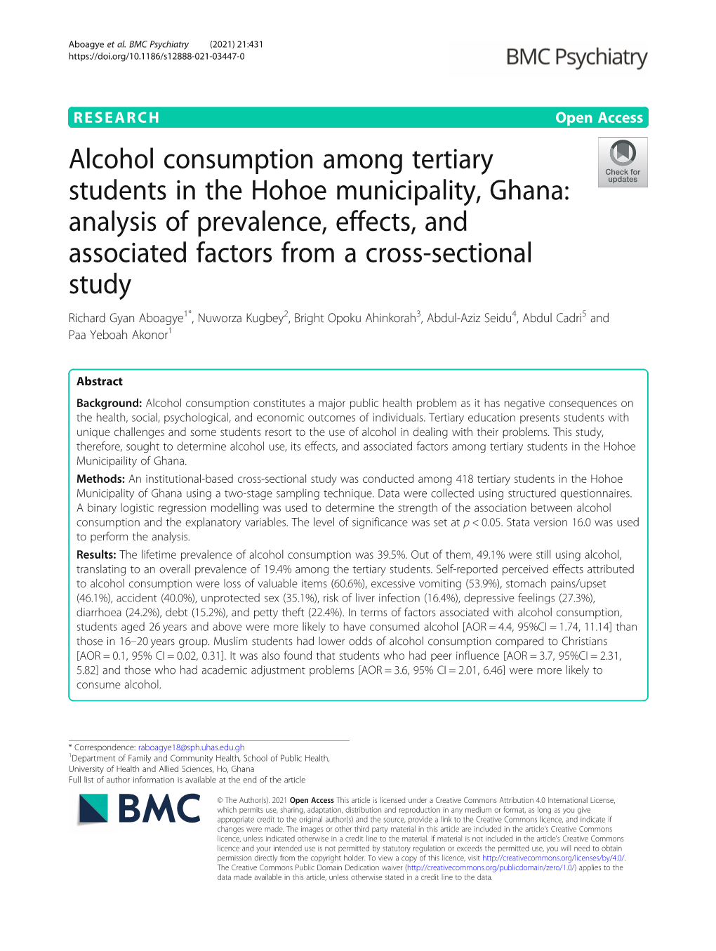 Alcohol Consumption Among Tertiary Students in the Hohoe Municipality