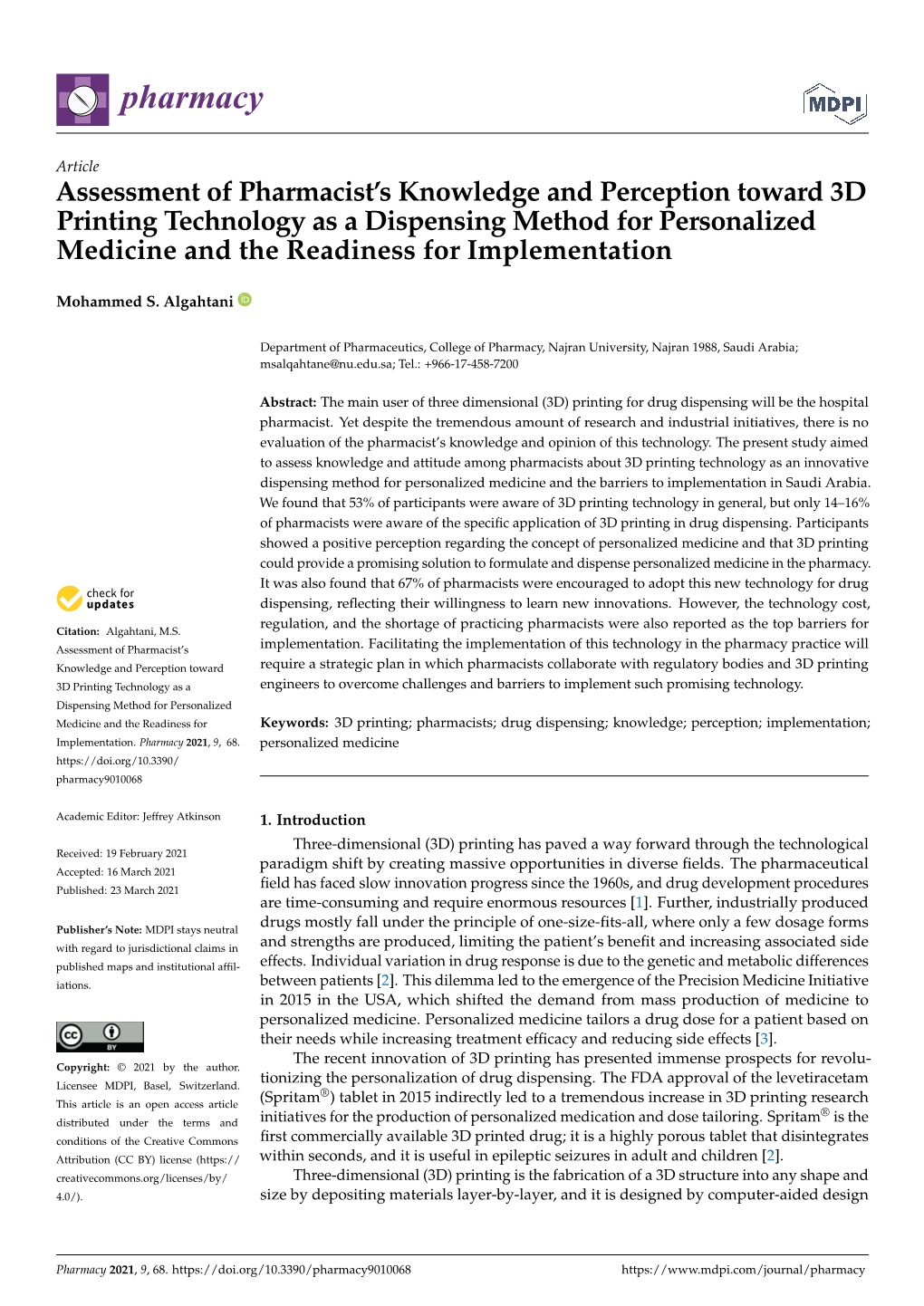 Assessment of Pharmacist's Knowledge and Perception Toward