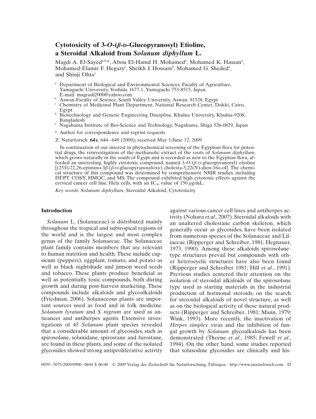 Etioline, a Steroidal Alkaloid from Solanum Diphyllum L. Magdi A