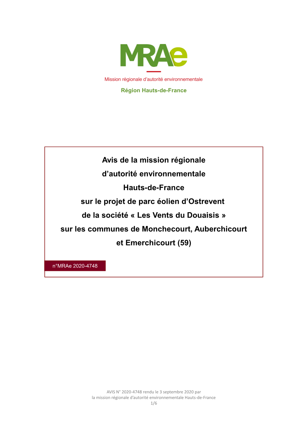 Avis De La Mission Régionale D'autorité Environnementale Hauts-De-France