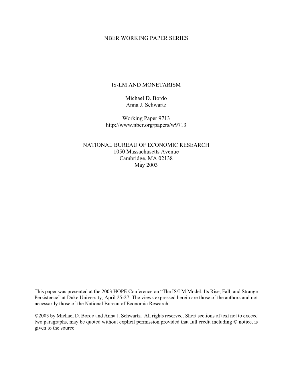 NBER WORKING PAPER SERIES IS-LM and MONETARISM Michael