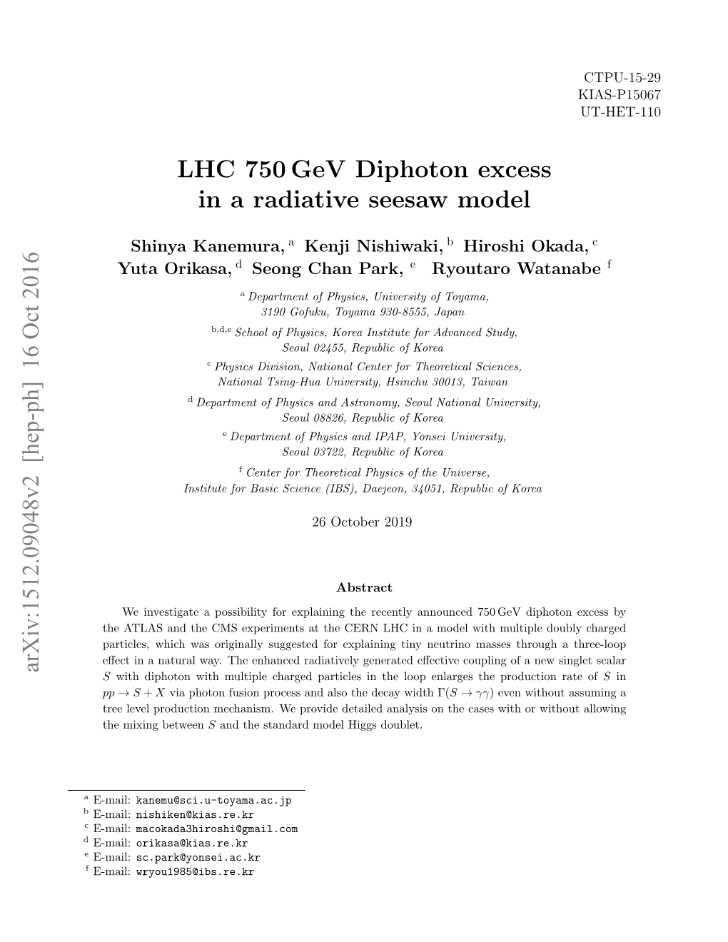 LHC 750 Gev Diphoton Excess in a Radiative Seesaw Model Arxiv
