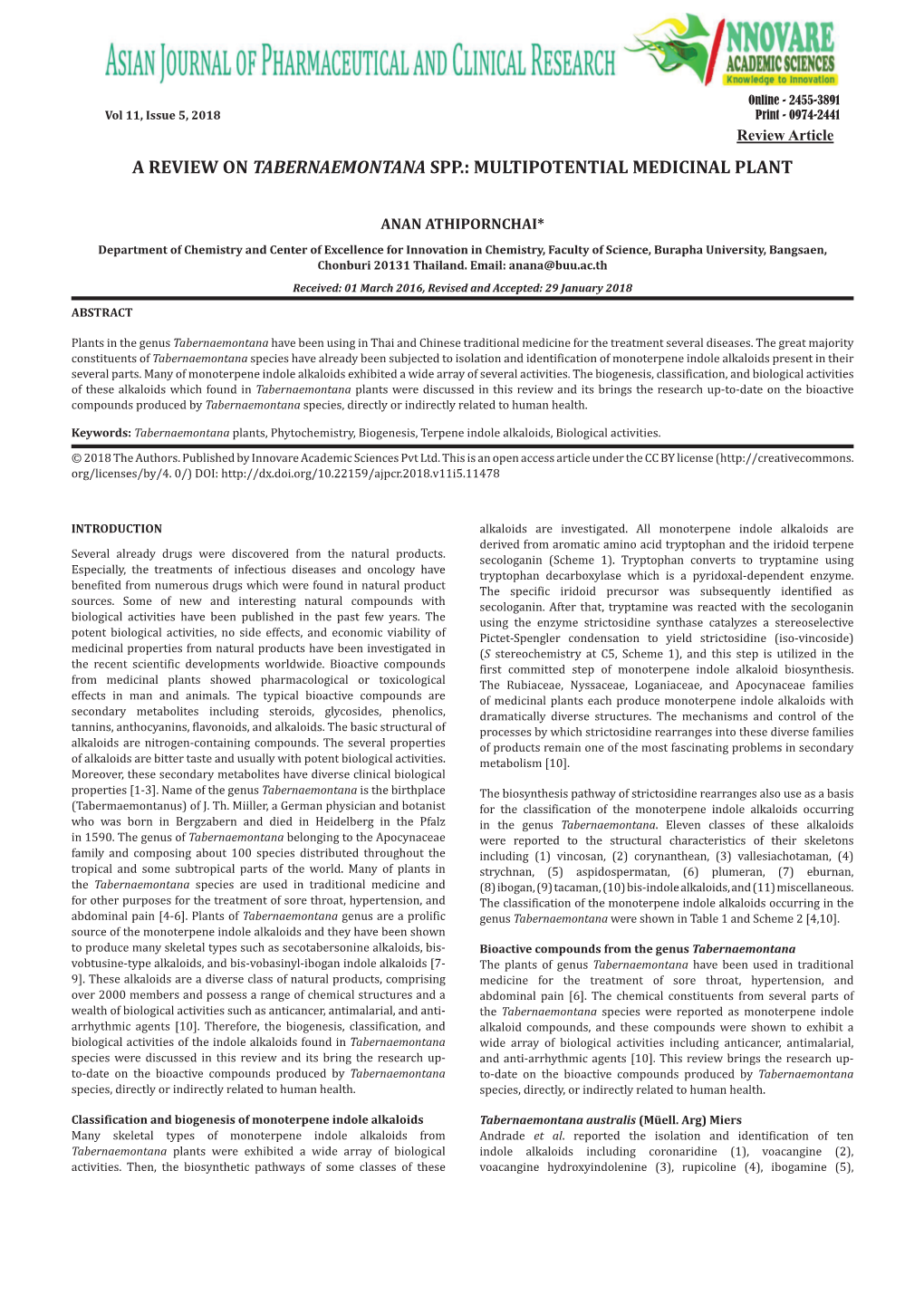 A Review on Tabernaemontana Spp.: Multipotential Medicinal Plant