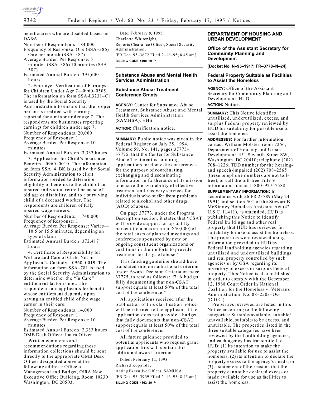 Federal Register / Vol. 60, No. 33 / Friday, February 17, 1995 / Notices Beneficiaries Who Are Disabled Based on Date: February 8, 1995