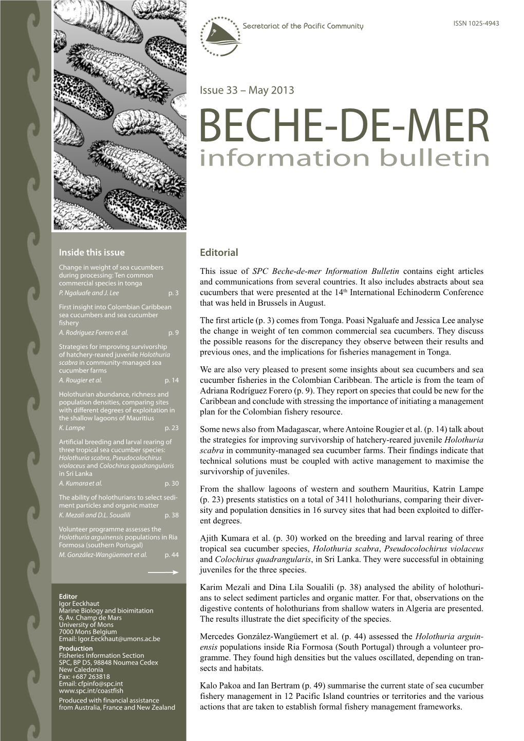 SPC Beche-De-Mer Information Bulletin Contains Eight Articles Commercial Species in Tonga and Communications from Several Countries